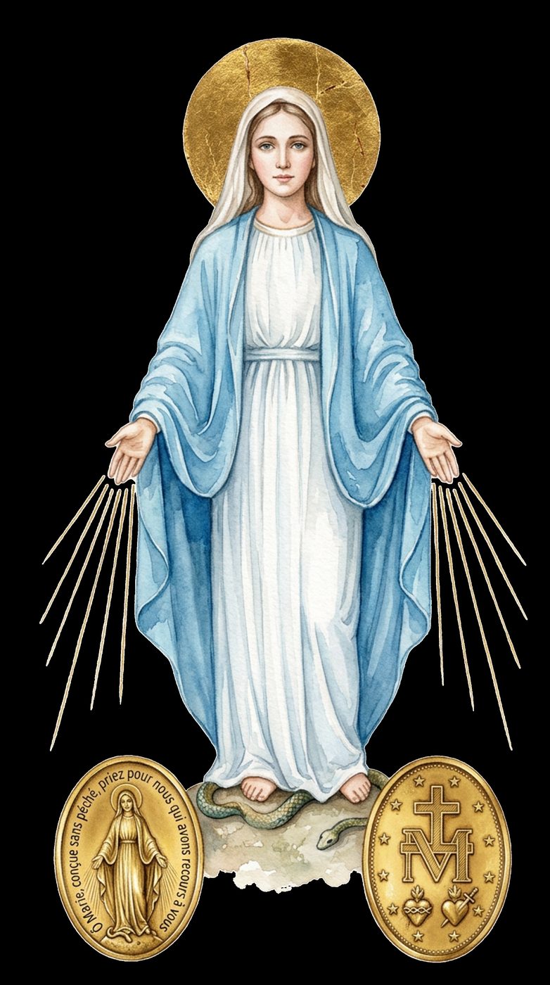 Watercolour of Our Lady of the Miraculous Medal standing on the serpent, with the medal shown at her feet