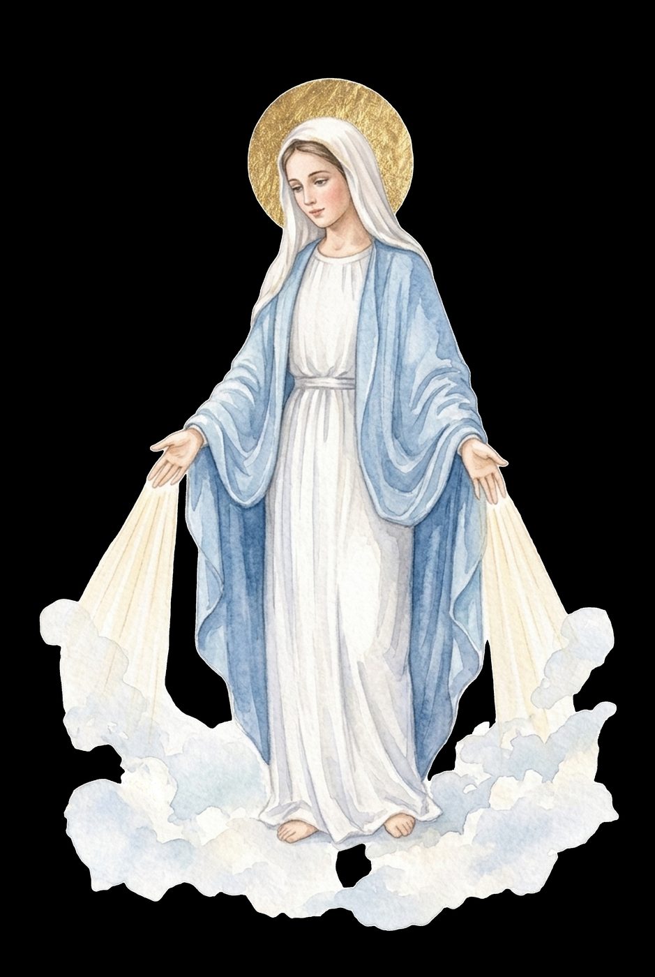 Watercolour of Our Lady of Grace standing on clouds with rays of light streaming from her hands
