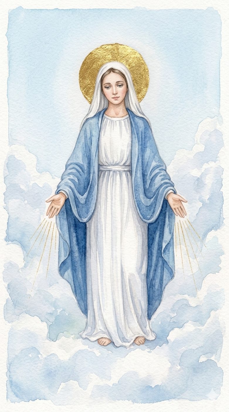 Watercolour of Our Lady of Grace with a gold halo, standing among clouds